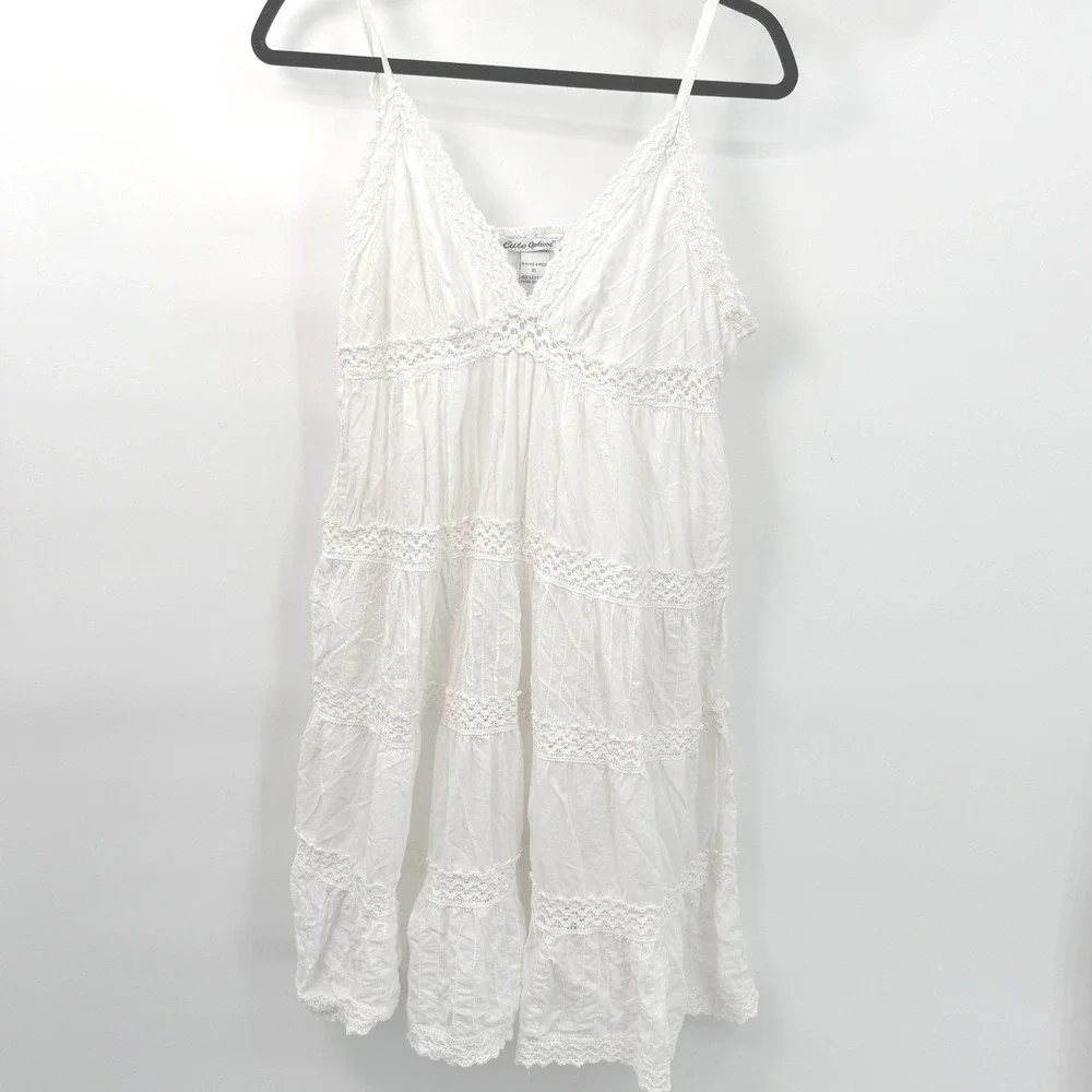 Y2K Vintage White Tiered Crochet Dress Juniors XL Cotton Flowy‎ Festival Boho